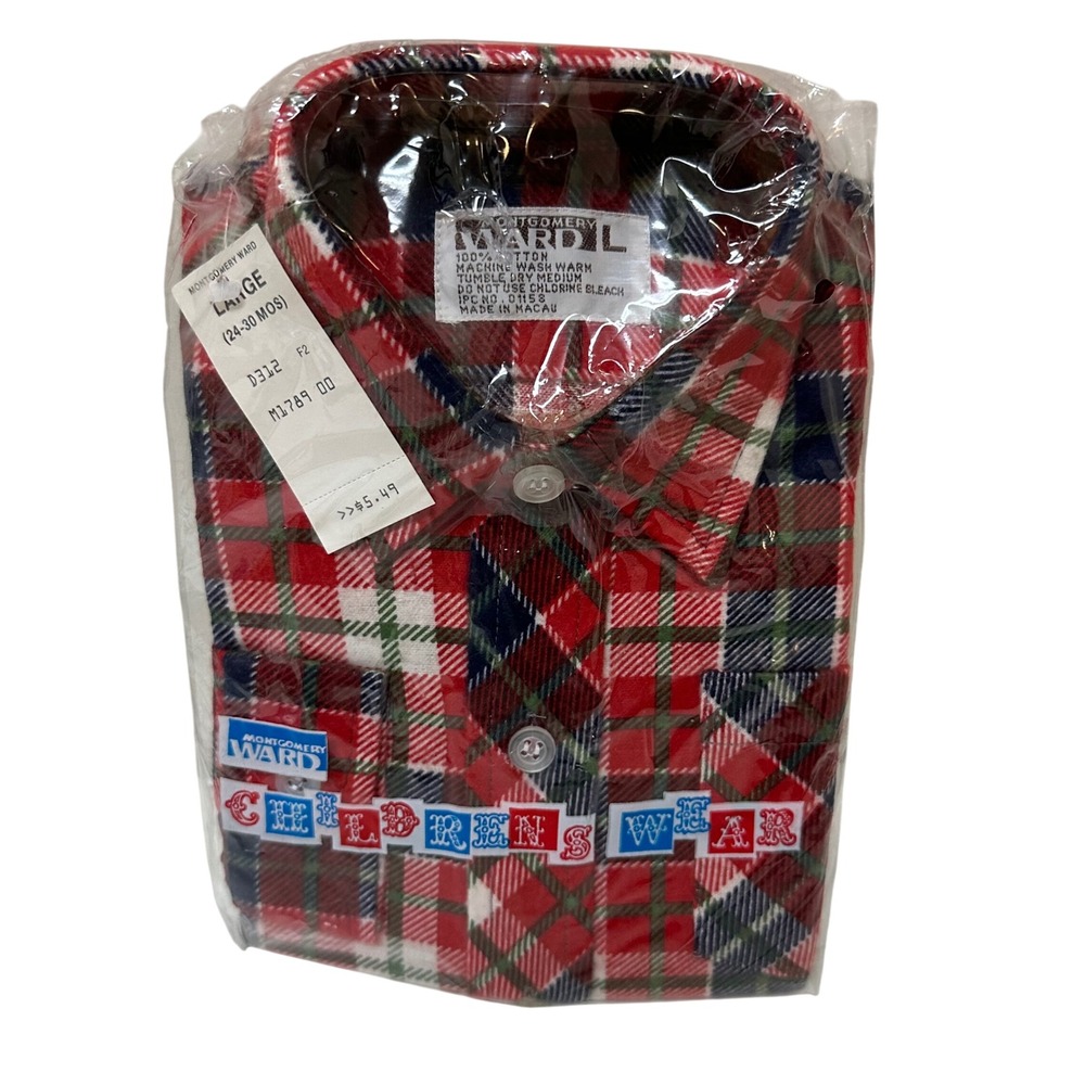 Vintage Montgomery Ward Kids Plaid Flannel Shirt Long Sleeve Button Down Size L